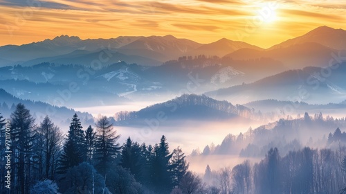 Majestic mountain range silhouettes against a tranquil sunset sky,Morning fog reveals silhouettes of mountains,Captivating Autumn Splendor in the Foggy Carpathian Valley at Sunrise 