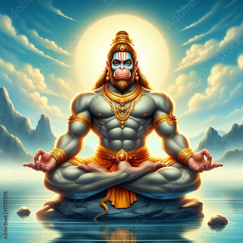 lord Hanuman in the middle of the ocean. Generative AI photo