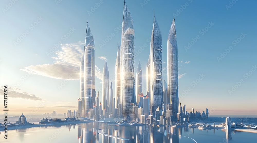 Obraz premium Innovative Futuristic Skyscrapers in a Sustainable Urban Cityscape with a Clear Blue Sky