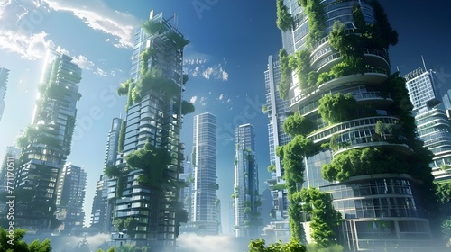 Sustainable Futuristic Metropolis with Innovative Recycled Skyscrapers under a Clear Sky © pkproject