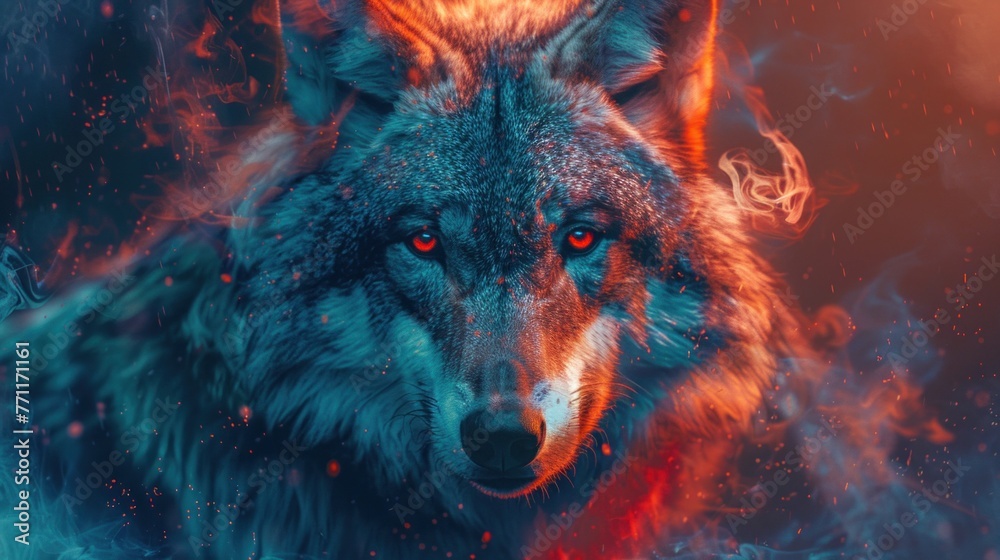 Cool, Epic, Artistic, Beautiful, and Unique Illustration of Wolf Animal Cinematic Adventure: Abstract 3D Wallpaper Background with Majestic Wildlife and Futuristic Design (generative AI) - obrazy, fototapety, plakaty 