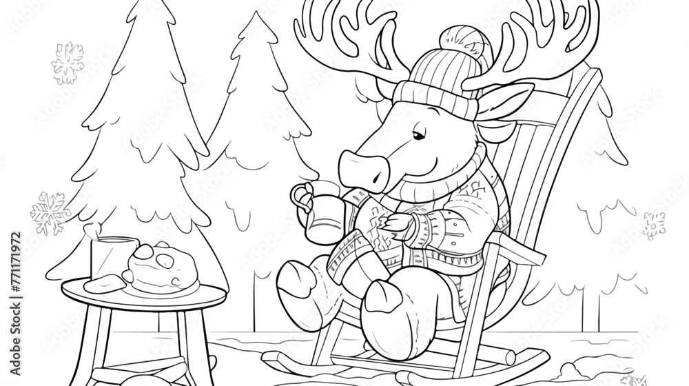 Moose is sitting in a rocking chair with hot cocoa.