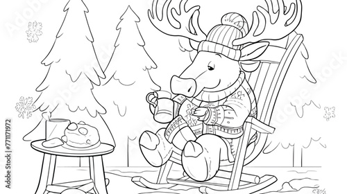 Moose is sitting in a rocking chair with hot cocoa.