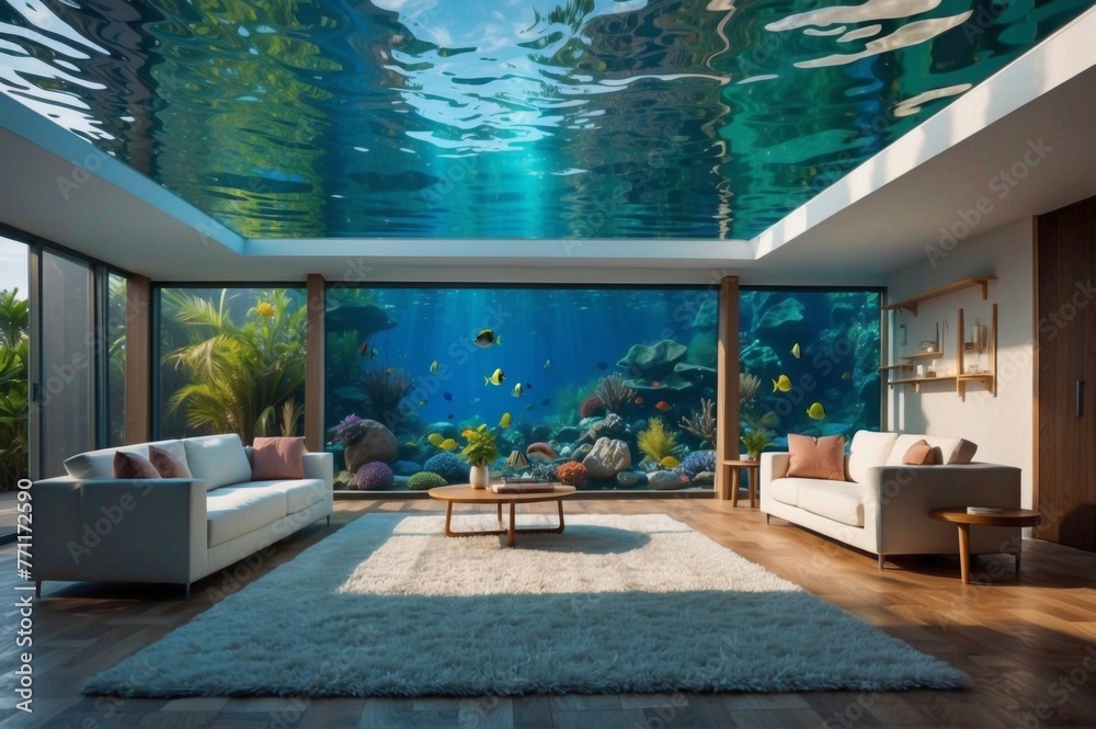 Fototapeta premium A living room in the underwater house. Generative AI.