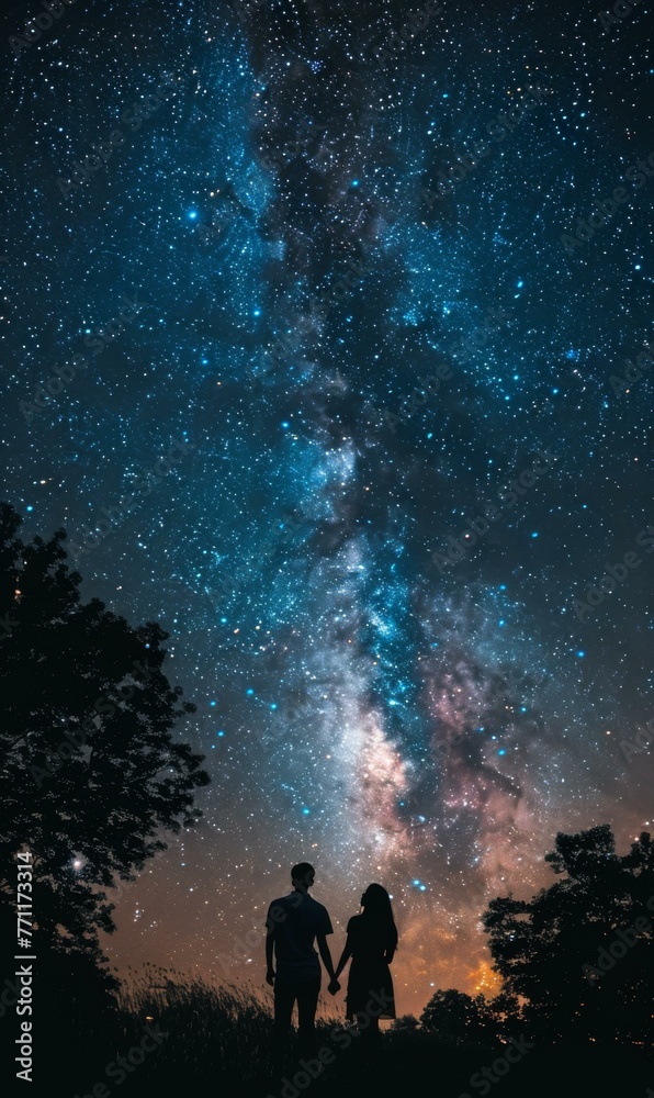 A couple holding hands under the stars with a milky way in background. Generative AI.