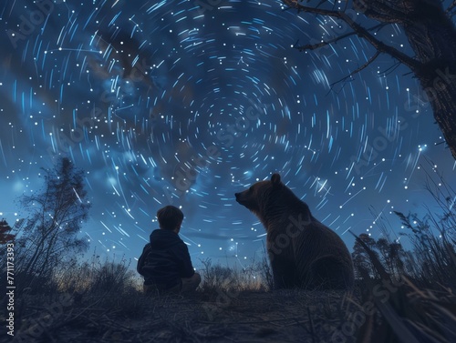A boy and a bear sitting in the woods watching stars. Generative AI. © serg3d