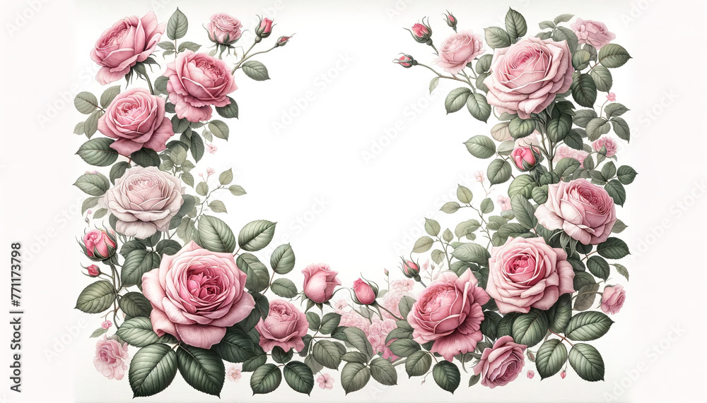 Delicate Pink Rose . flowers, light watercolor, spring mood. Border