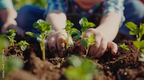 Close-up of joyful kids learning gardening in a nursery hands deep in soil planting seeds of happiness and growth