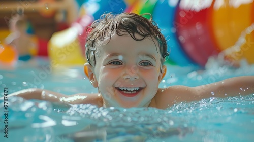 Happy children swimming in a bright colorful nursery pool close-up on delighted faces and playful water moments