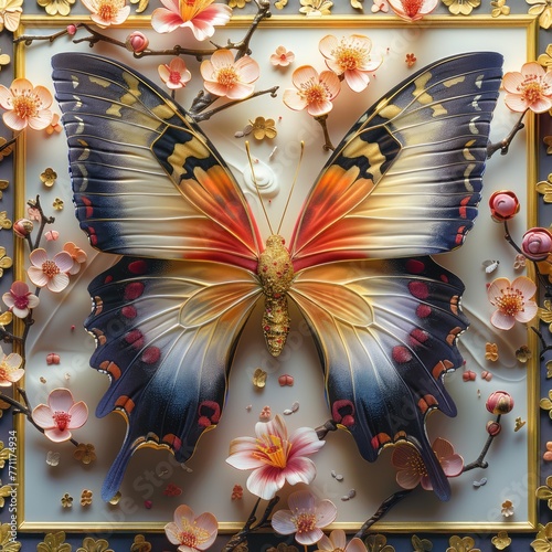 Exquisite craftsmanship: colorful butterfly and flower organic paper sculpture design, an illustration of dreamy romance, perfect for banner, capturing the beauty of nature in intricate detail.