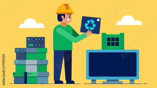 A worker inspecting a large batch of refurbished electronics part of a circular economy model that encourages repairing and reusing items
