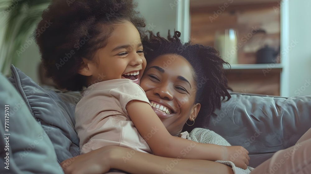 Happy playful mother and daughter on sofa Happy playful mother and daughter on sofa