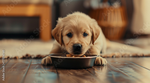 Adorable puppy enjoying a meal in a spacious wooden room, making eye contact with the camera