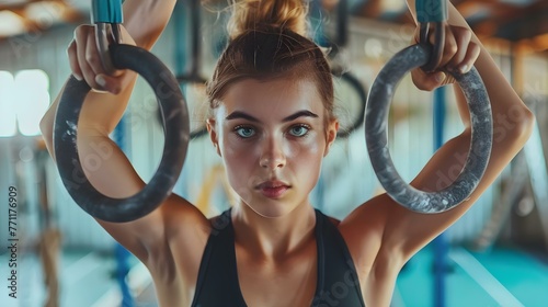 Determined young woman at gymnastics rings photo