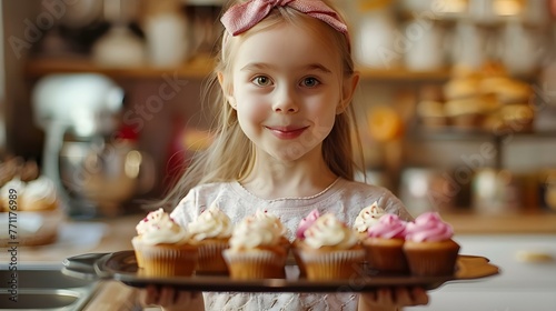 Portrait of a cute girl holding a rack of baked cupcakes
