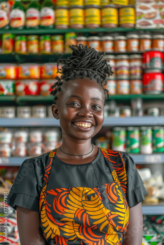 Happy african female shop employee assisting customers in supermarket