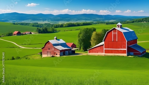 red barn in the landscape with mountains.