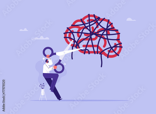 Stress elimination from busy work or toxic environment concept, changing behavior for better mental health, businessman cutting stress string around brain with scissors