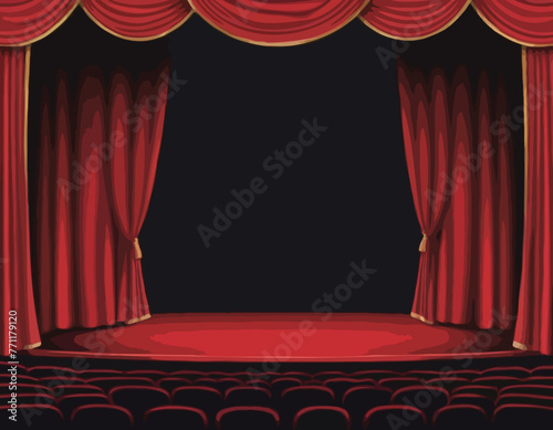 Scène de théâtre réaliste vectorielle avec rideaux de velours rouge ouverts photo