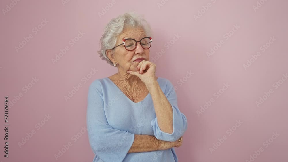 Serious grey-haired senior woman wearing glasses, standing over pink isolated background, hand on chin, confused by a thought, thinking about a perplexing question, mulling over a puzzling idea Serious grey-haired senior woman wearing glasses, standing over pink isolated background, hand on chin, confused by a thought, thinking about a perplexing question, mulling over a puzzling idea
