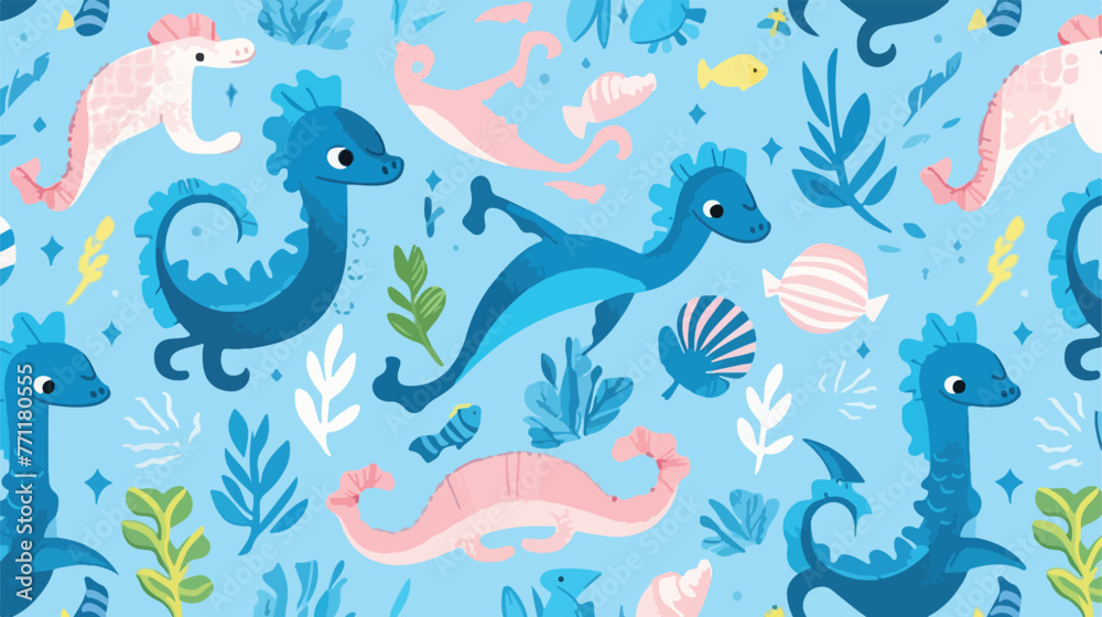 Seamless pattern with cute medusa seahorse and dolp