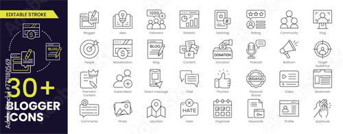 Blogger Stroke icon collections. Containing blogging, blog - Editable Outline web icon set. Line icons collection. Simple vector illustration.