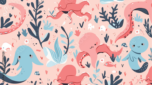 Seamless pattern with cute octopus and dolphin on c