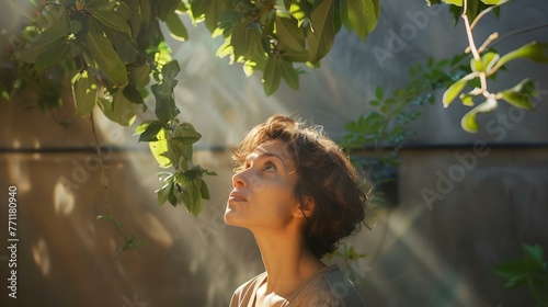 Thoughtful woman looking up at tree in sunny courtyard