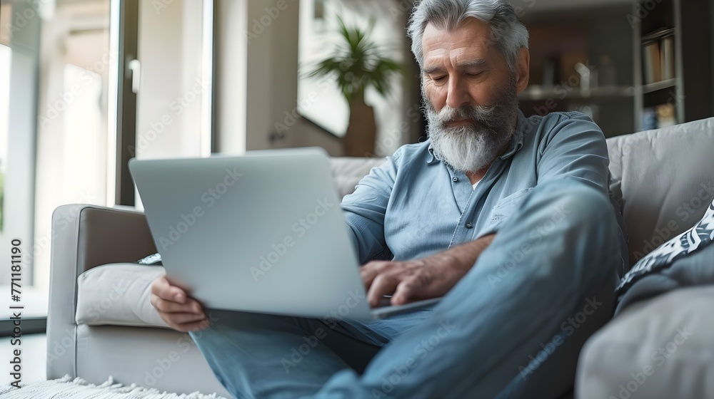 Mature man with beard using laptop on floor Mature man with beard using laptop on floor