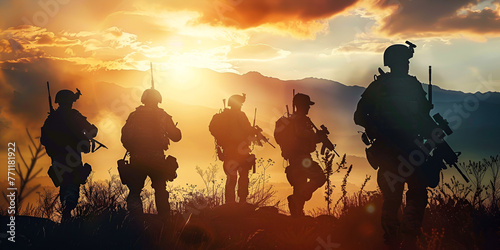 Close up a navy seal modern solders action team with sunset background illustration