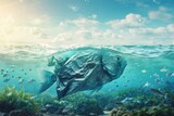 Fish-shaped plastic bag floating in the ocean, Concept of plastic pollution affecting marine life and ocean health