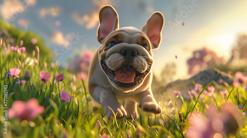 dog running field flowers french bulldog commercial banner cute happy brave magical cuteness stream love happiness naughty stunning graphics animals