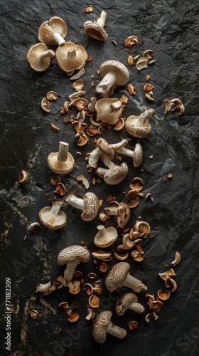 Mushrooms scattered artistically on a dark slate