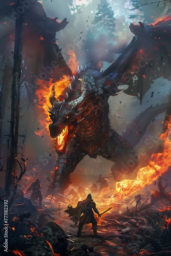 man standing front dragon sword video fire giant oil breathing streaming forbidden forest maw background battle scene huge armies