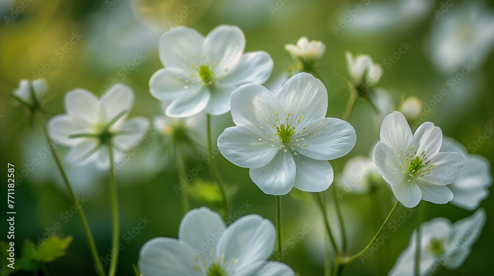 white flowers growing grass green leaves cozy arctic forest afternoon sunlight high bloom garden gentle details soft body white flowers growing grass green leaves cozy arctic forest afternoon sunlight high bloom garden gentle details soft body