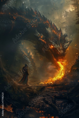 man standing front dragon sword gorgeous casting fire spell illustration encounter streaming shadows high oil forest photo