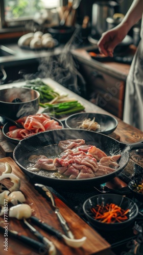 Preparing sukiyaki in a quiet kitchen