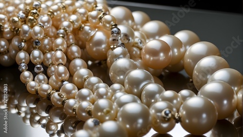 A luxurious pearl necklace, each pearl perfectly round, draped over a mirror to reflect its luster Generative AI