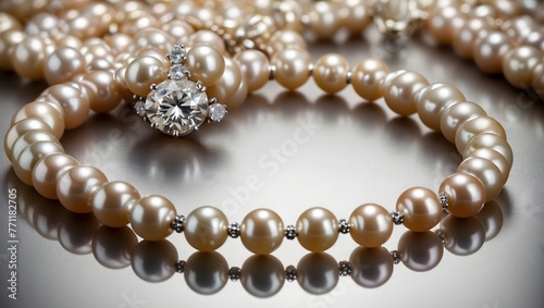 A luxurious pearl necklace, each pearl perfectly round, draped over a mirror to reflect its luster Generative AI
