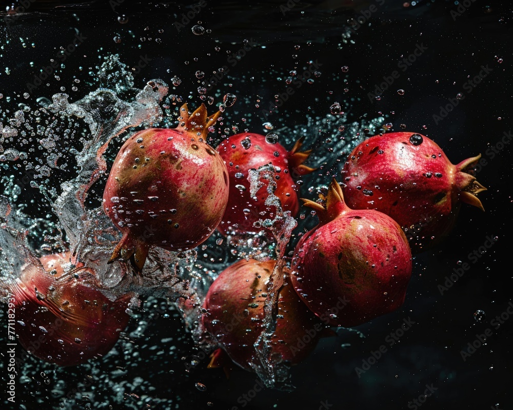 A bunch of ripe strawberries, with water droplets, falling into a deep black water tank, creating a colorful contrast and intricate splash patterns A bunch of ripe strawberries, with water droplets, falling into a deep black water tank, creating a colorful contrast and intricate splash patterns