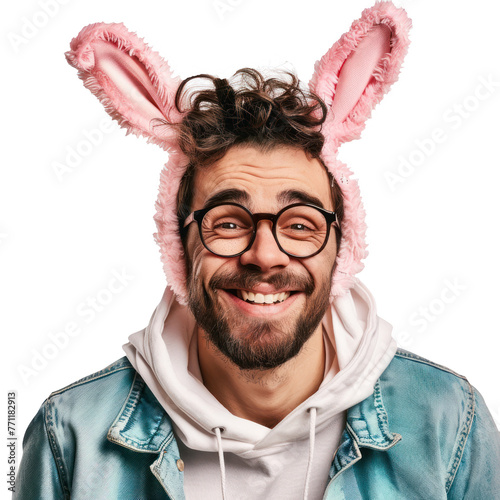 Cara alegre e feliz com orelhas de coelhinho da Páscoa photo