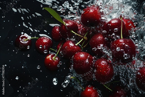 A bunch of ripe mangos, with water droplets, falling into a deep black water tank, creating a colorful contrast and intricate splash patterns