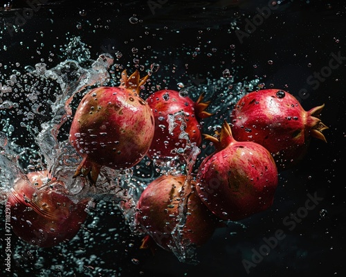 A bunch of ripe strawberries, with water droplets, falling into a deep black water tank, creating a colorful contrast and intricate splash patterns