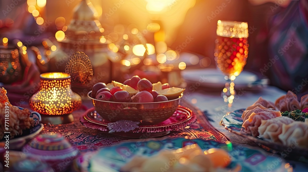 Ramadan Kareem ifter food and decoration on wooden table Ramadan Kareem ifter food and decoration on wooden table