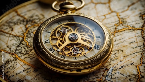 An antique pocket watch, its intricate golden gears visible through a crystal back, resting on an old map Generative AI