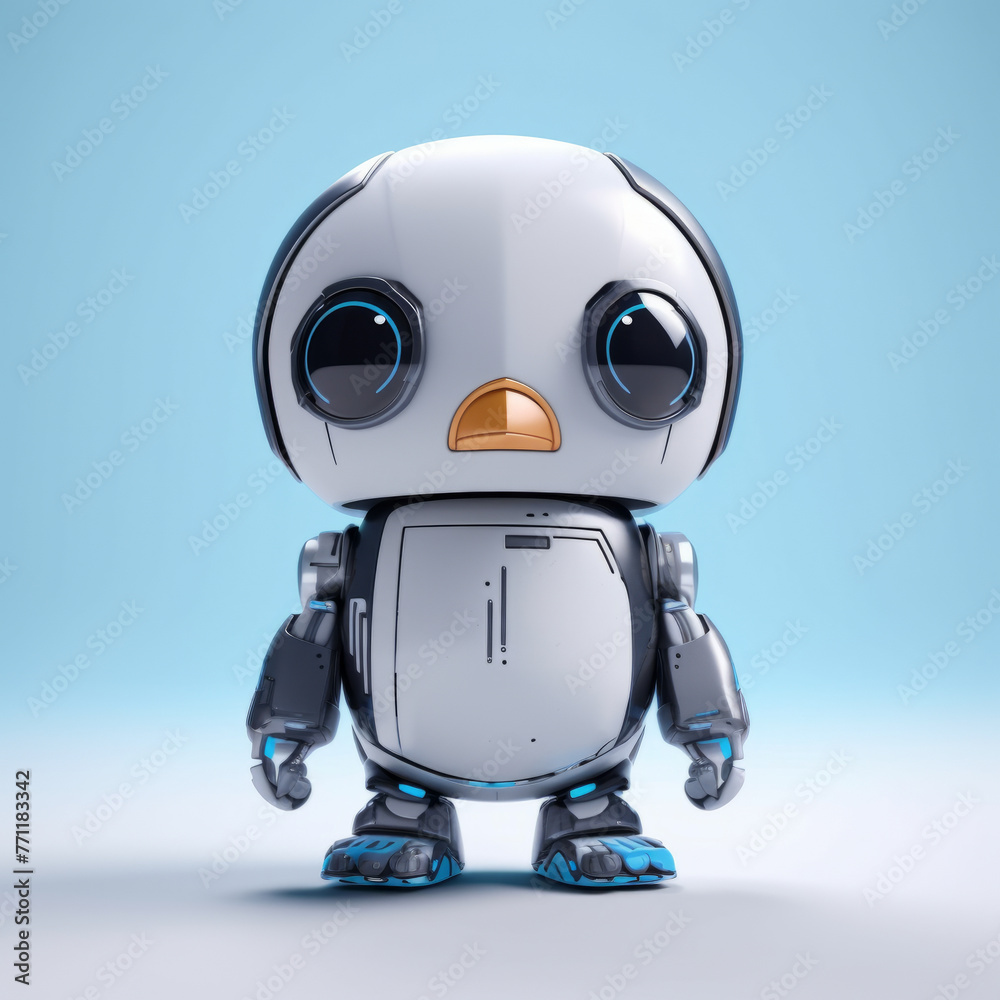Fototapeta premium Adorable cartoon-styled robot penguin character with headphones on a blue background. The cute cybernetic creature has a futuristic design with detailed joints and metallic texture. 