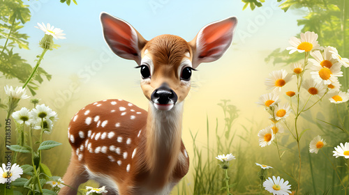 Tiny cute adorable baby deer in a flowers wildlife habitat forest ecosystem peaceful background