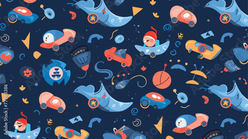 Seamless pattern with racer kid on blue background.