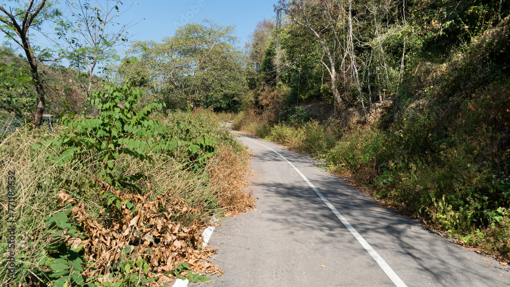 Vertical path of asphalt road and curve ahead. Two beside with green grass and trees forest. Under blue sky. PRoad around Kaeng Krachan Reservoir Island. Phetchaburi, Thailand. Vertical path of asphalt road and curve ahead. Two beside with green grass and trees forest. Under blue sky. PRoad around Kaeng Krachan Reservoir Island. Phetchaburi, Thailand.