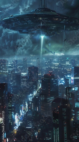 spaceship flying city night lightning sky stunning heavy still frame titan rapture white blue lighting fps falling rain